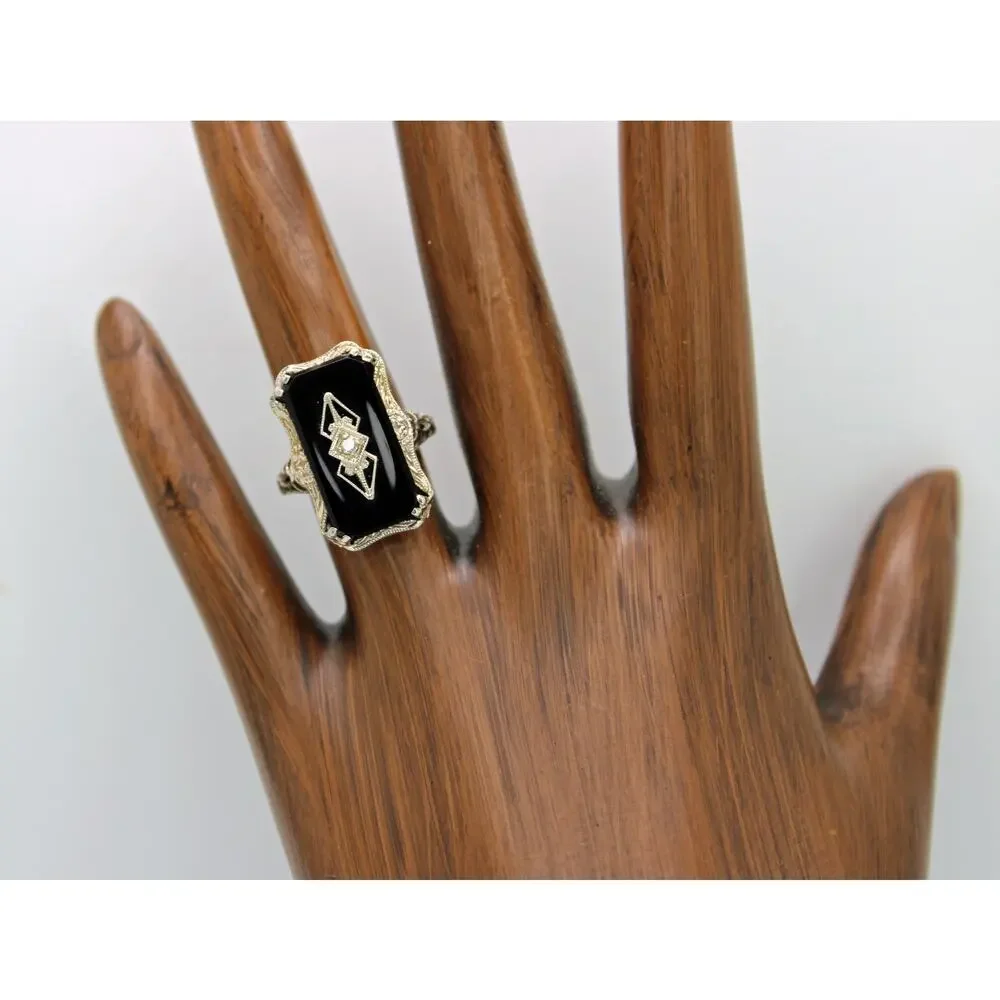 Art Deco 14kt White Gold Black Onyx Diamond Filigree Ring